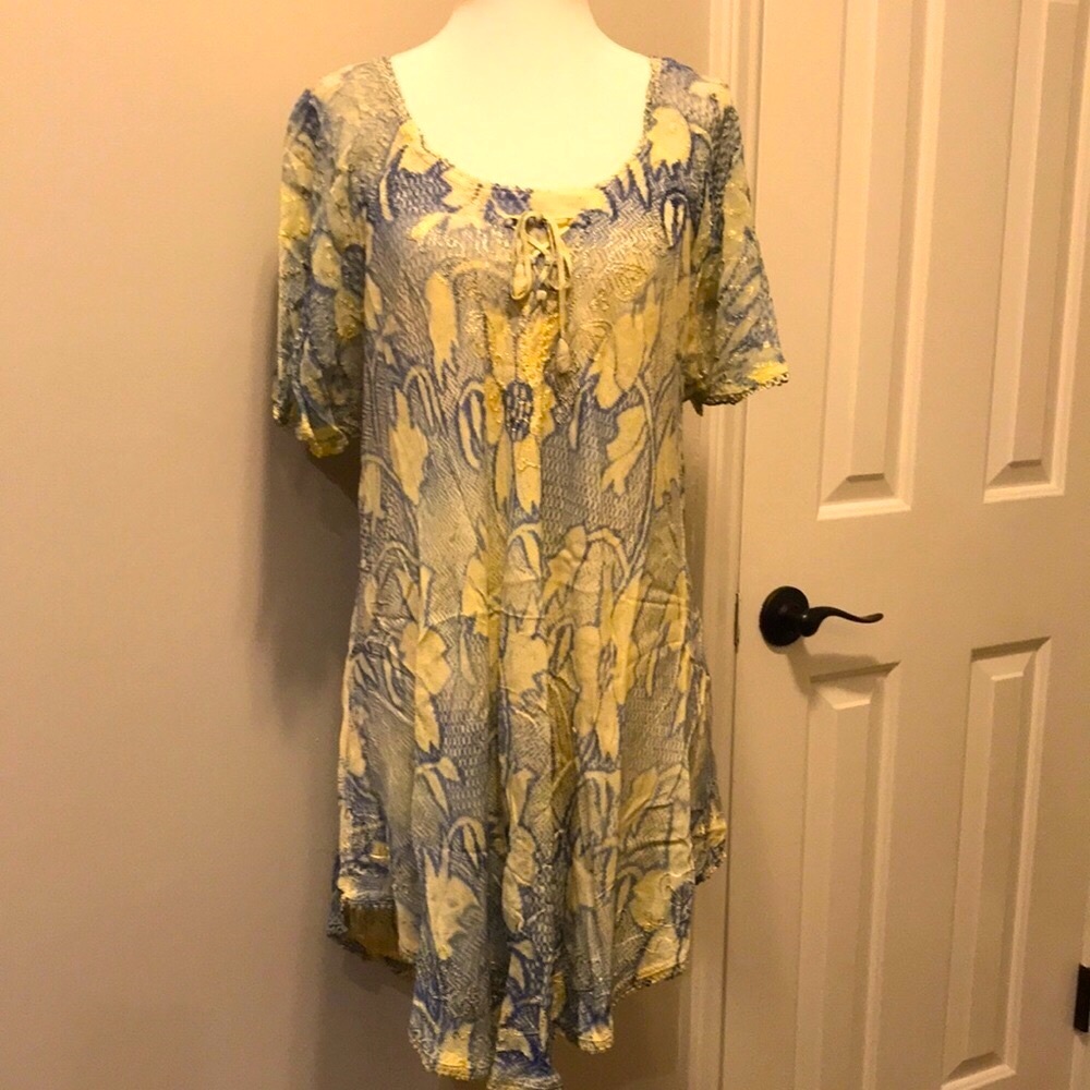 Soutache Embroidered Blue & Cream Nightgown, Dress/Tunic